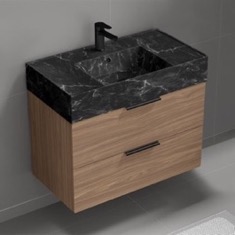 Floating Bathroom Vanity, Modern, Walnut, 32 inch, Black Marble Style Sink
